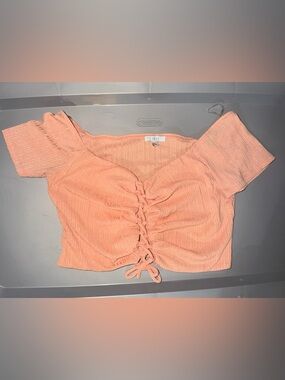 iris Coral Peach Ruched Lace-Up Ribbed Crop Top